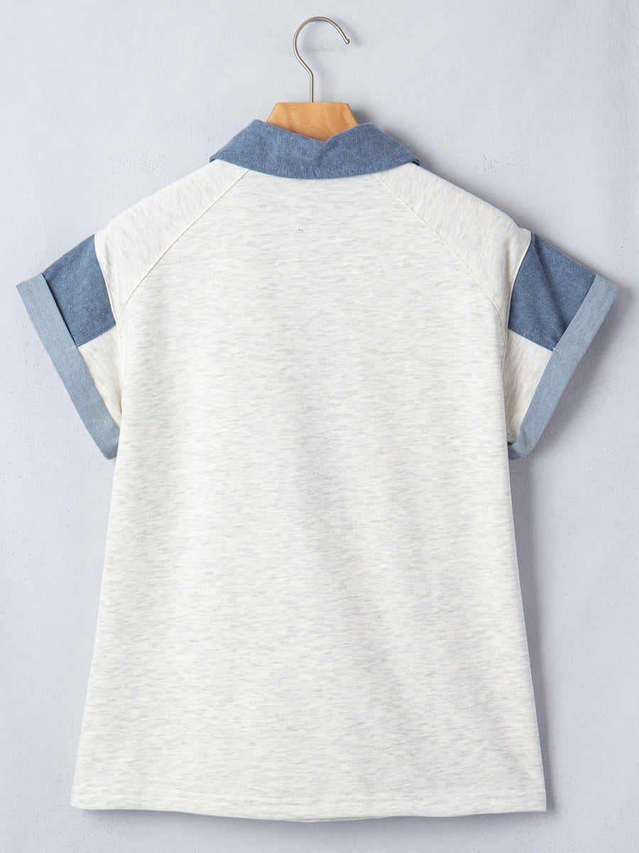 Button detail casual top with denim look sleeves and collar