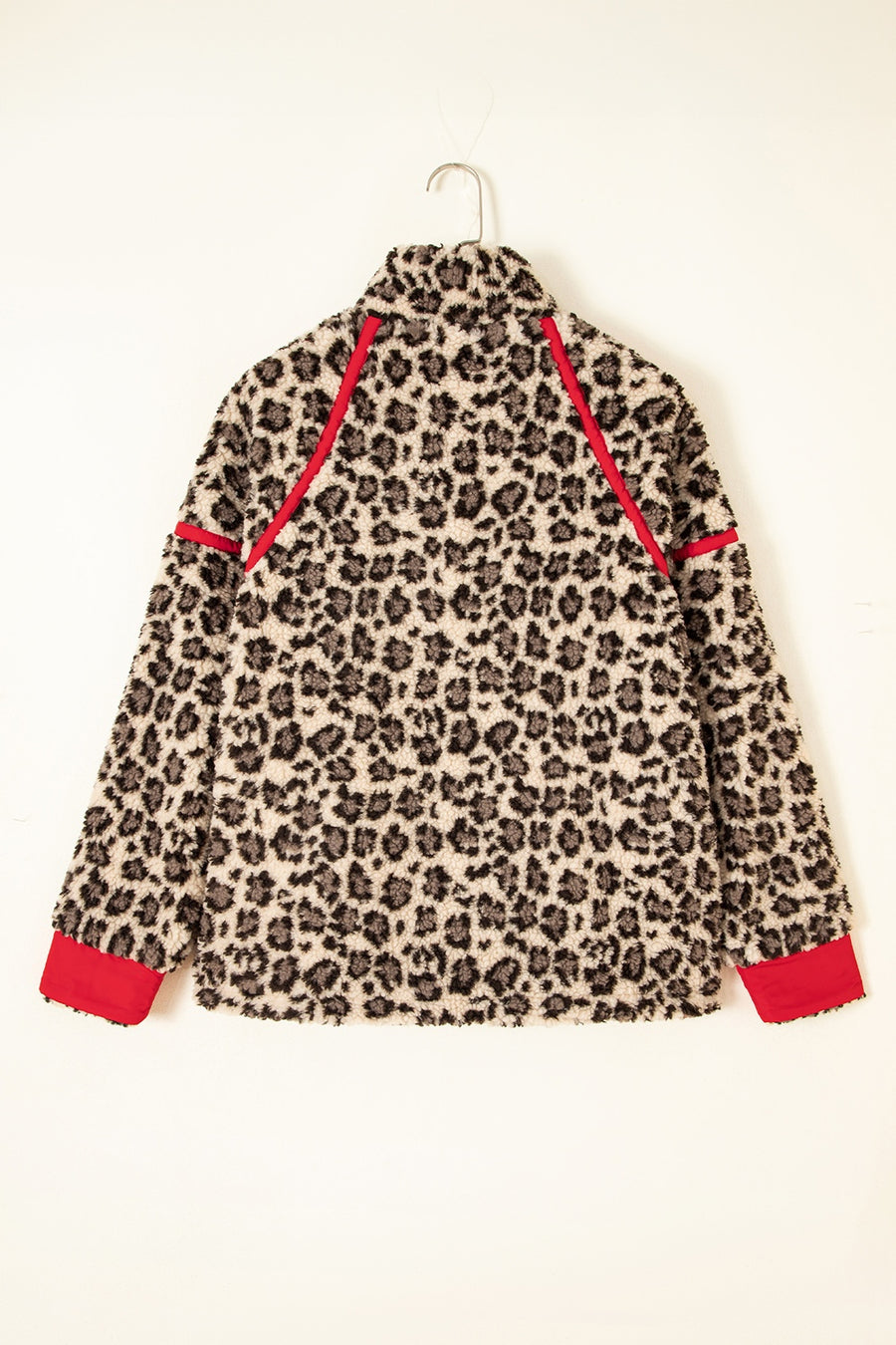 Leopard Print Zip-Up Sweatshirt With Red Accents in Leopard with contrast stitching