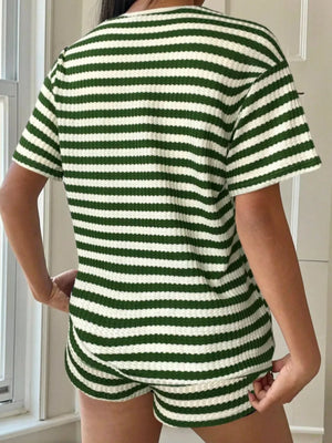Green and white striped waffle knit loungewear set with crew neck top and shorts.