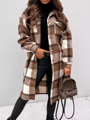 brown overcoat with plaid and collared