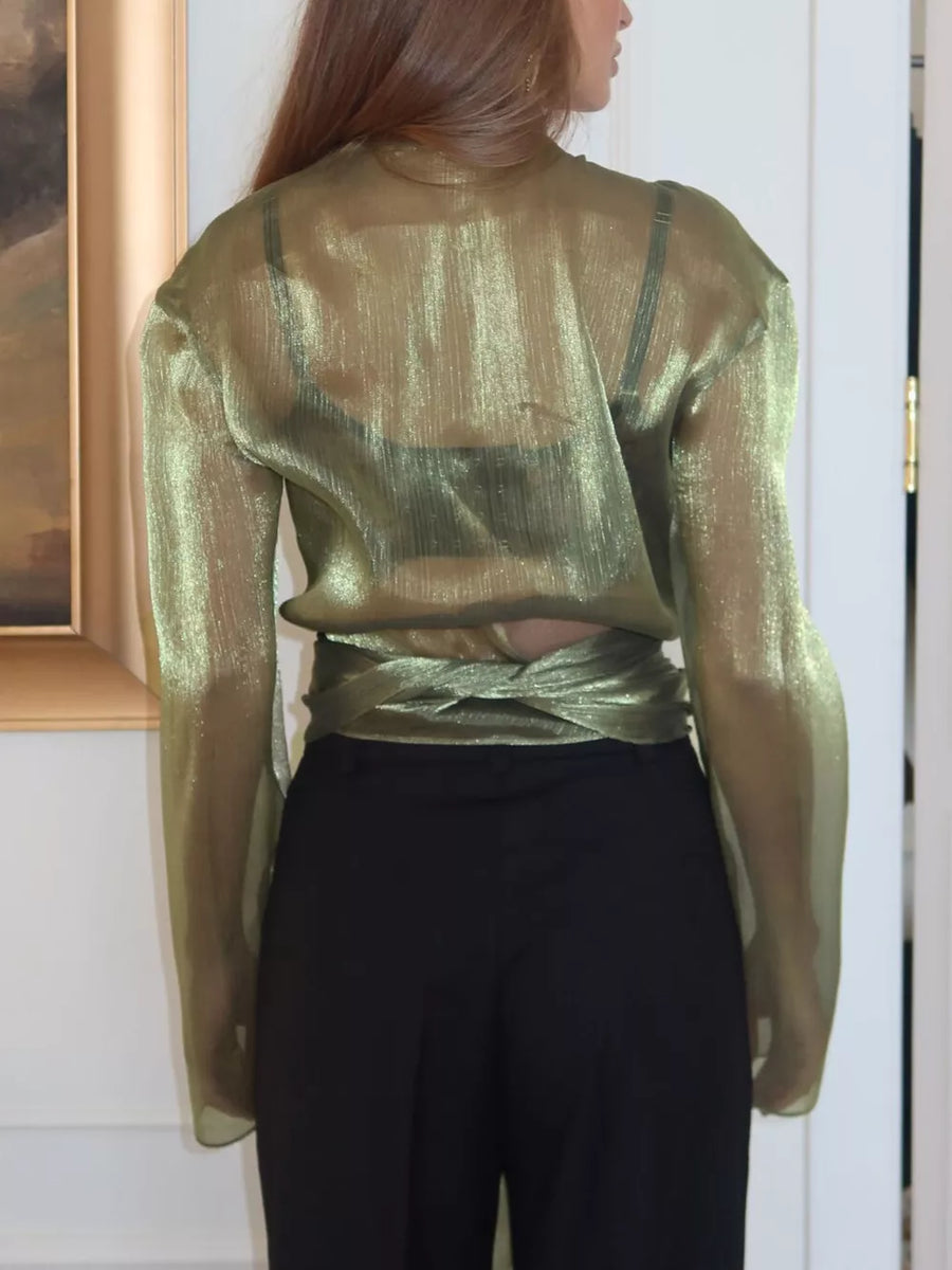 glam wrap top in Green with v-neck