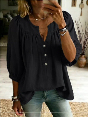 sky blue blouse with gathered details and 3/4 sleeve