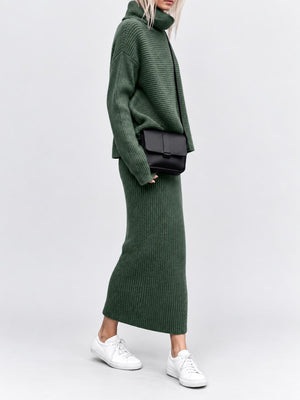 Ribbed Turtleneck Sweater Set With Midi Skirt in Green with ribbed