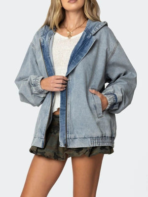 Light wash denim hooded jacket with zip closure, elastic cuffs and hem.