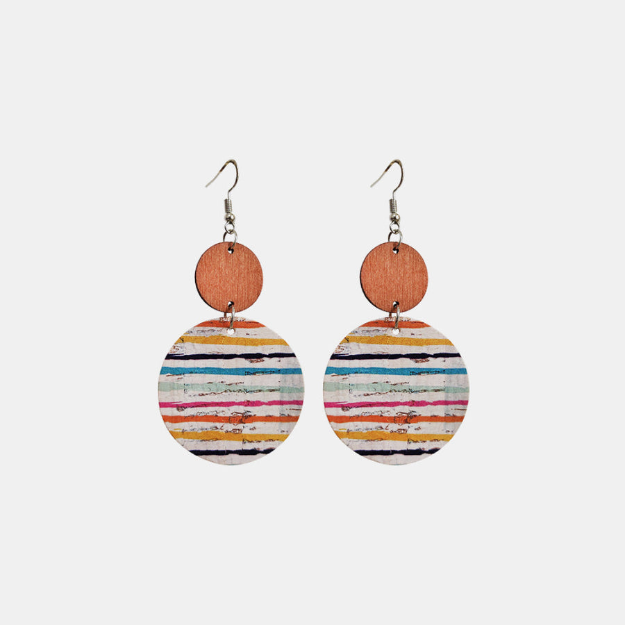 Cork and wood stripe disc earrings with boho casual style