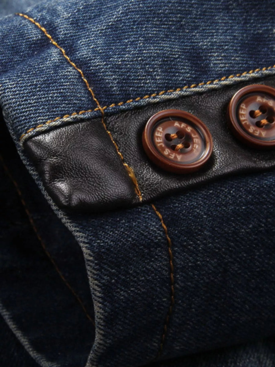 Men's denim blazer with leather trim and button detail