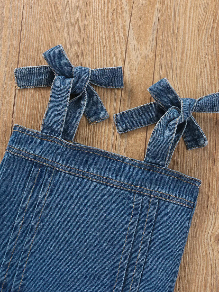 Blue with Children's Tie Shoulder Tank And Distressed Jeans Set in Blue