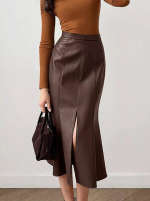 midi skirt in Brown with seam detail and midi