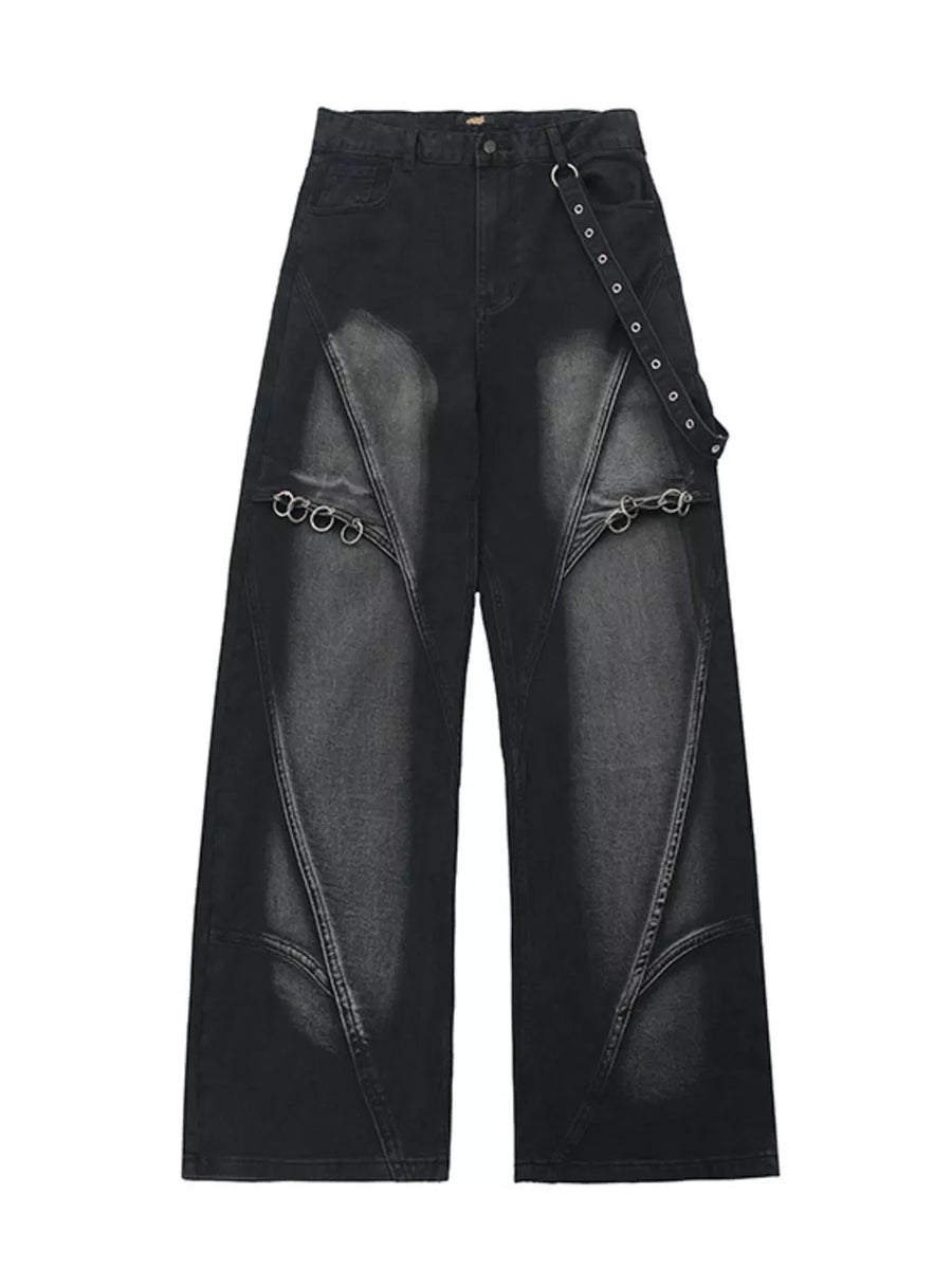 washed black jeans with full-length and zip-front