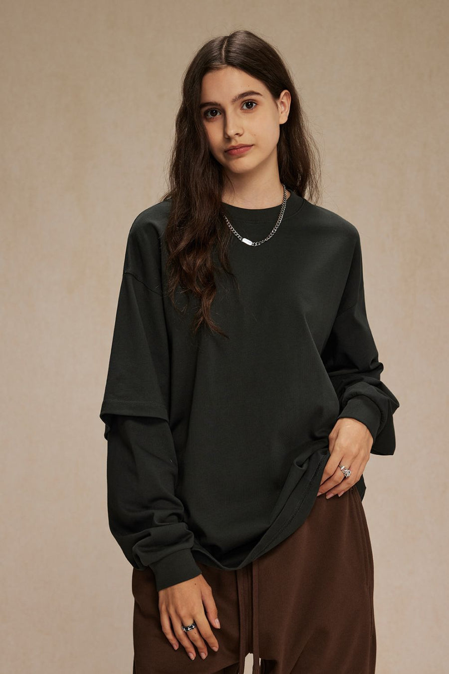 Dark green long sleeve crewneck t-shirt with layered sleeves