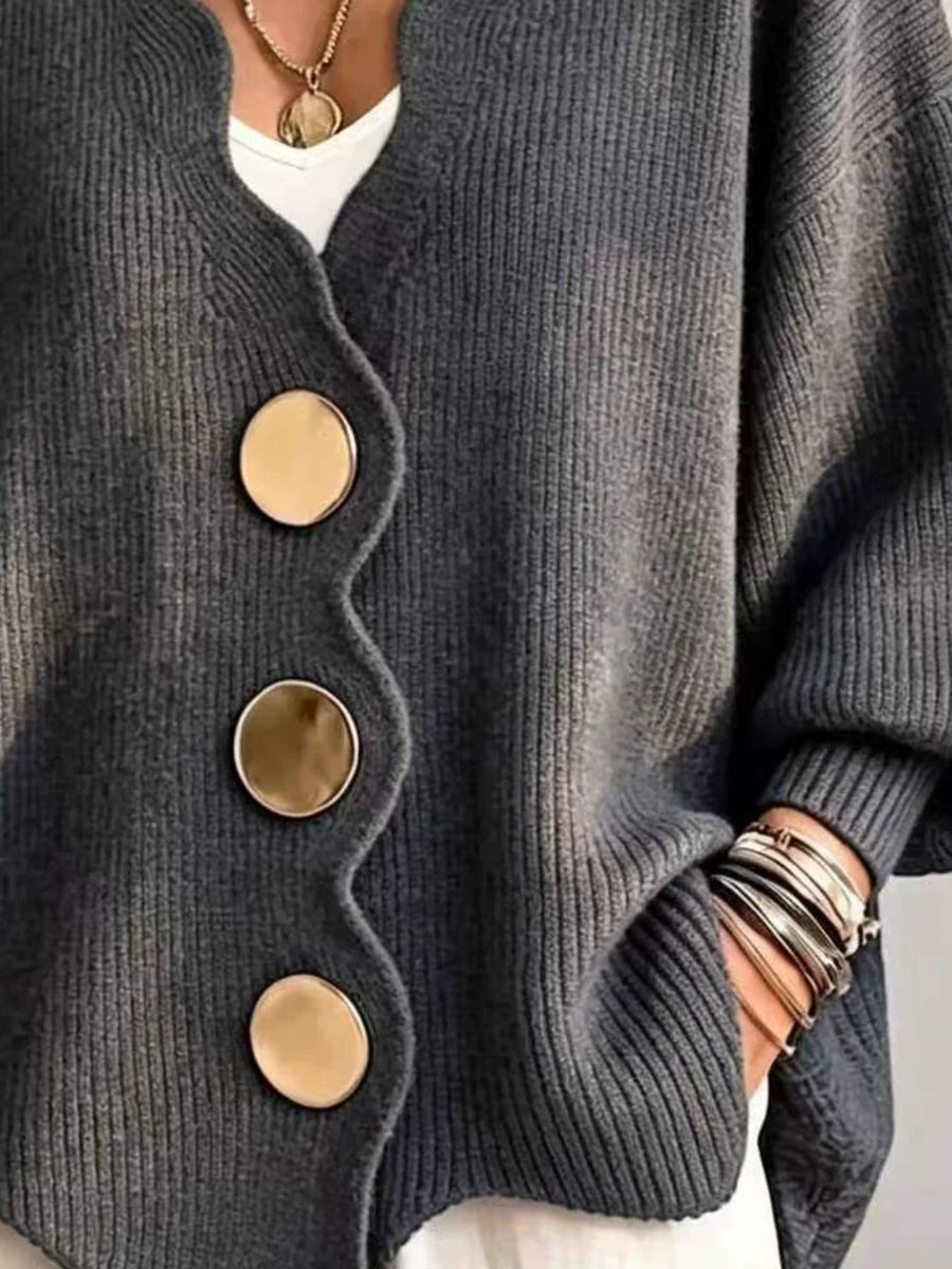 Blue cardigan with hip-length and button-front