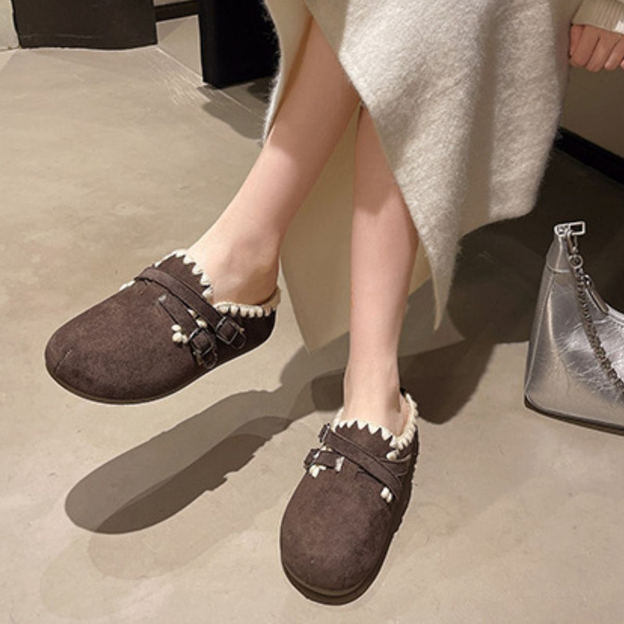 Decorative Buckle Slip-On Flats in Khaki with fluff lining