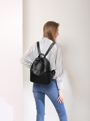 Minimalist PU Leather Casual Backpack in black with pocketed