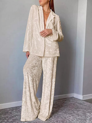 ivory lounge set with crushed velvet texture and notch lapel