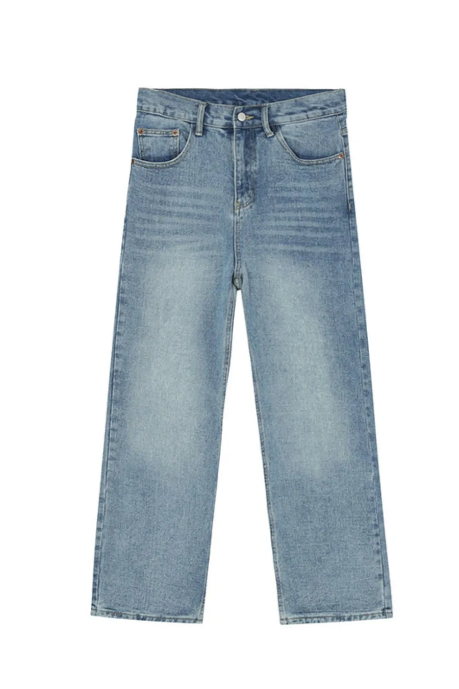 Light blue denim jeans with a wide-leg cut and a faded wash.