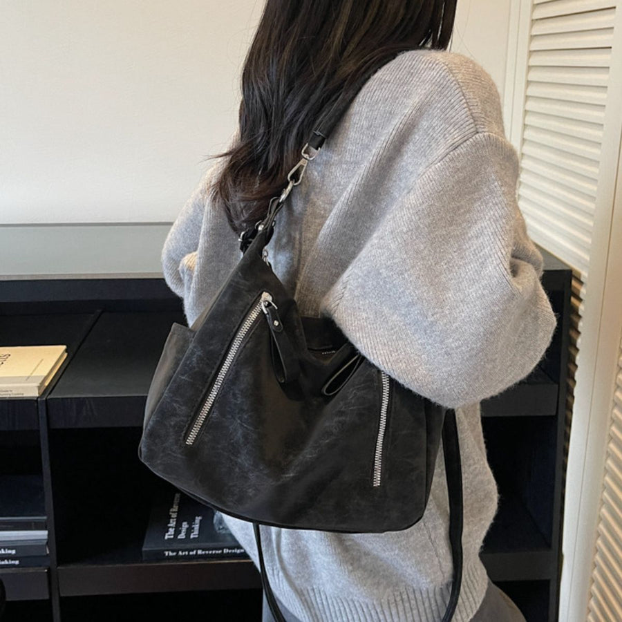 Multi-Zipper Casual Shoulder Bag in Black