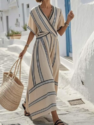 White Striped Short Sleeve Wrap Maxi Dress Plus Size