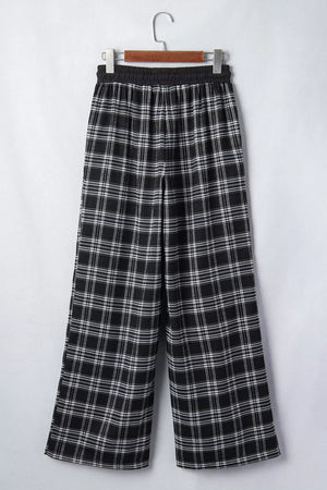 Black wide-leg pants with drawstring and plaid