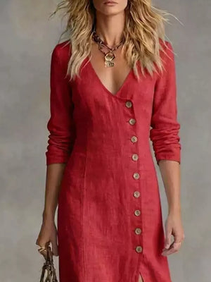 oatmeal A-line midi dress with v-neck