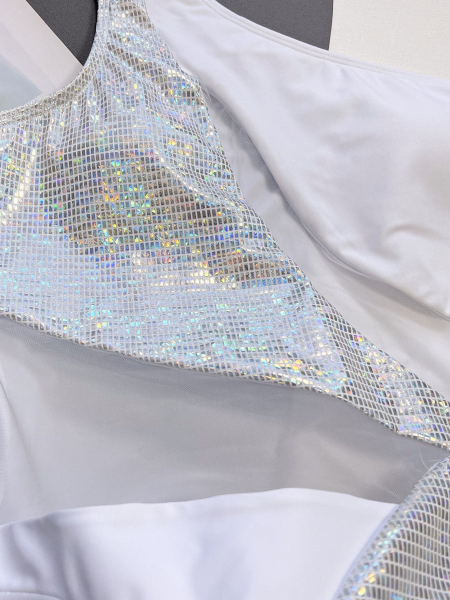White one-shoulder swimsuit with holographic sequin panel detail