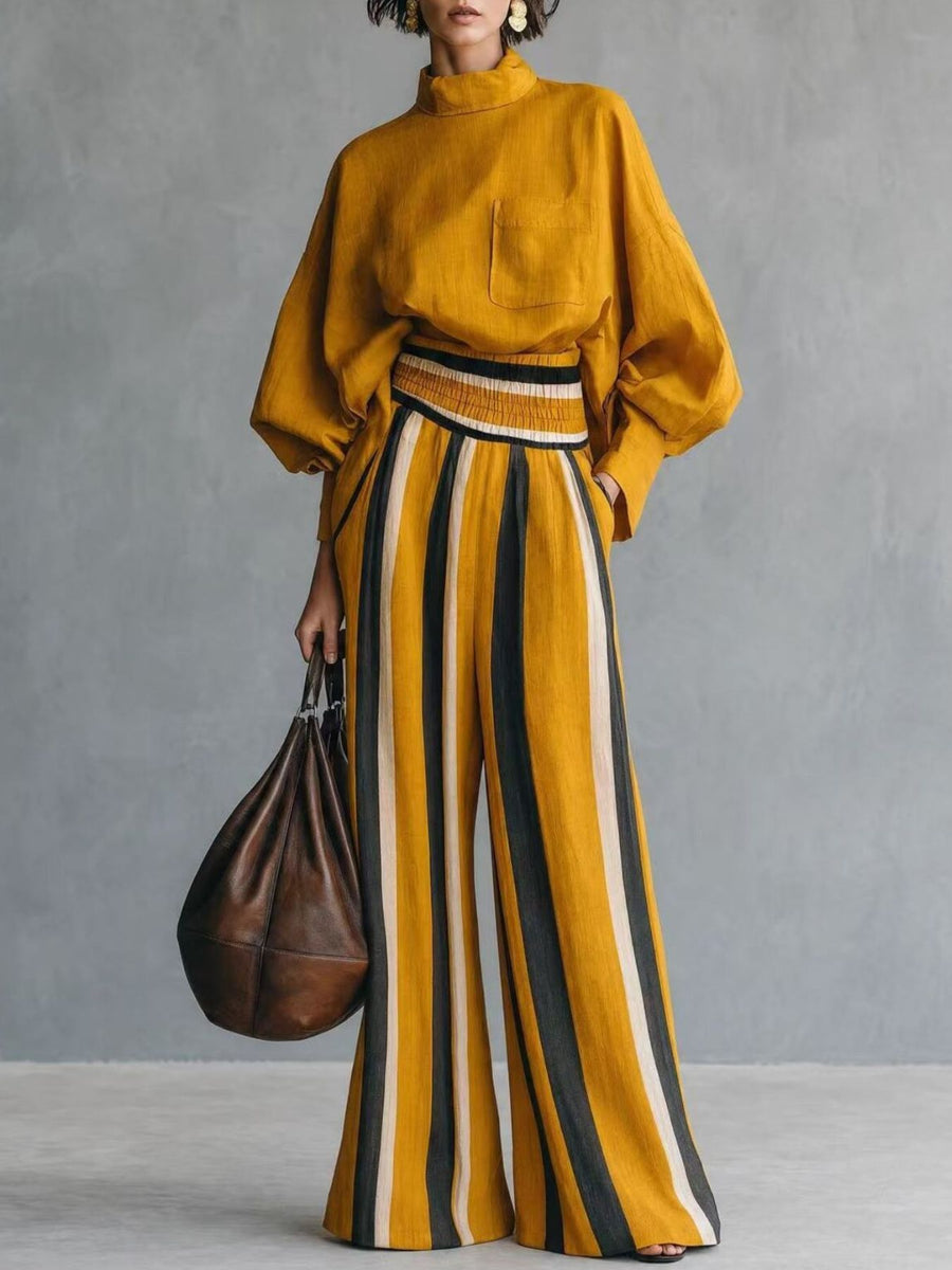 cream blouse and wide-leg pants set with smocked and long sleeve
