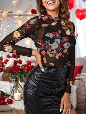 Sheer Mock Neck Long Sleeve Top in Leopard Print with mesh