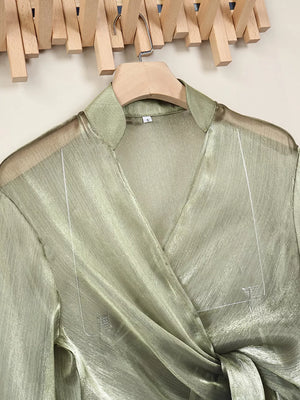 wrap top in Green with v-neck and long sleeve