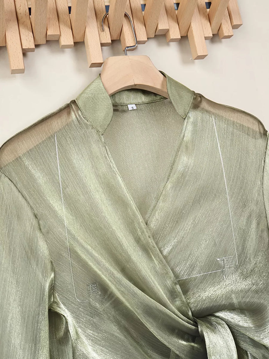 wrap top in Green with v-neck and long sleeve