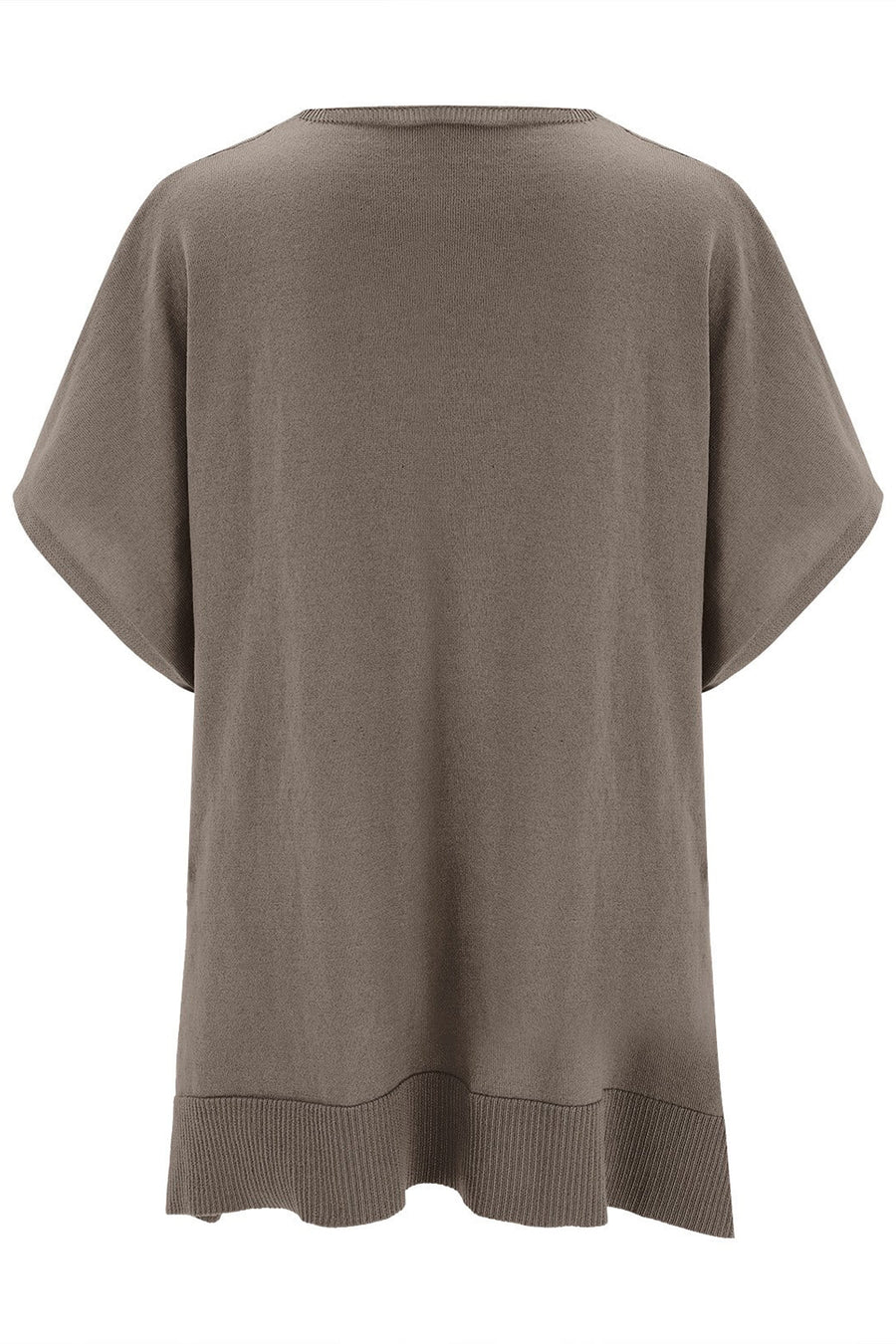 Relaxed V-neck knit poncho top in brown with short sleeves and ribbed hem.