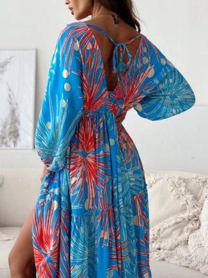Printed V-neck Balloon Sleeve Maxi Dress in Lilac