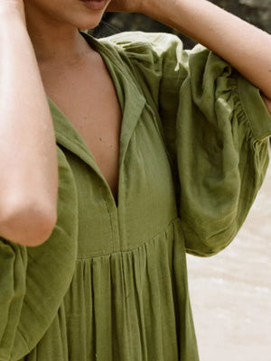 Matcha tie-neck midi dress with puff sleeves and gathered bodice