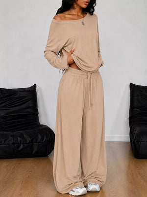 Light Gray One-shoulder Top And Drawstring Pants Set Plus Size