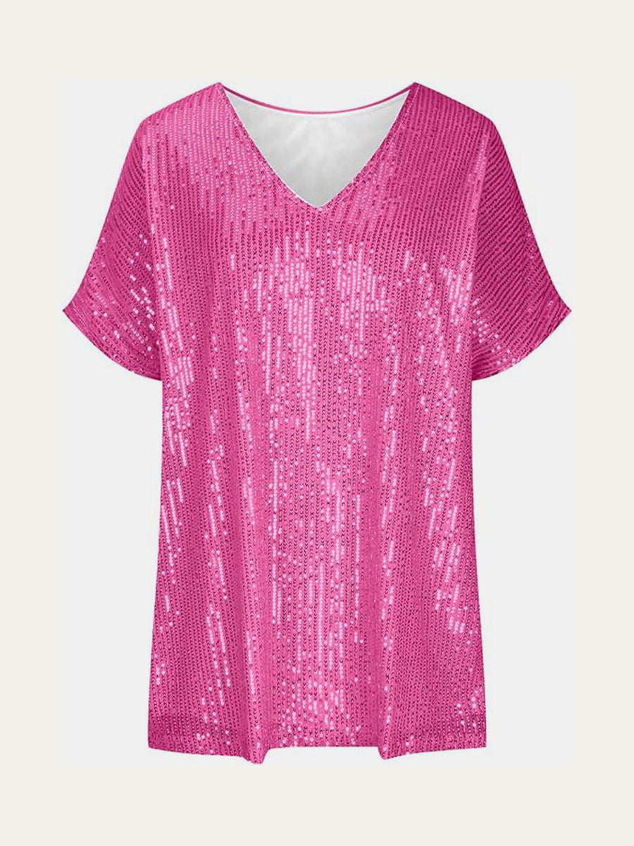 Pink sequin slouchy V-neck top with short sleeves.