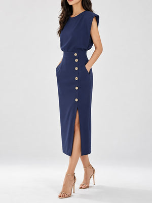 Rose Red midi dress with decorative button and sleeveless