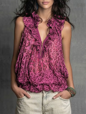tan blouse with ruffled and sleeveless
