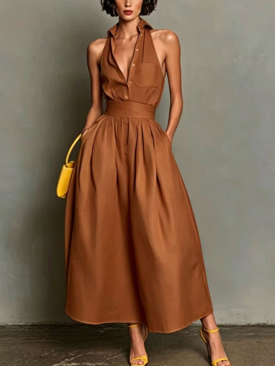 Dusty Pink A-line dress with collared and sleeveless