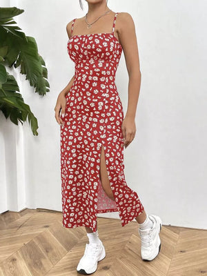 Red Flower spaghetti strap midi dress with a floral print and high slit.