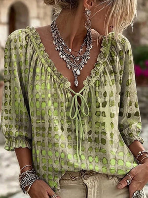 Sage blouse with ruffled and 3/4 sleeve