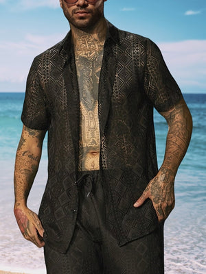 black button-up shirt with geometric and collared