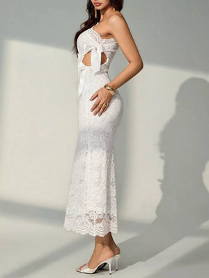 White midi dress featuring lace and floral