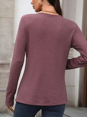 Waffle knit long sleeve t-shirt in apricot with a crew neck.
