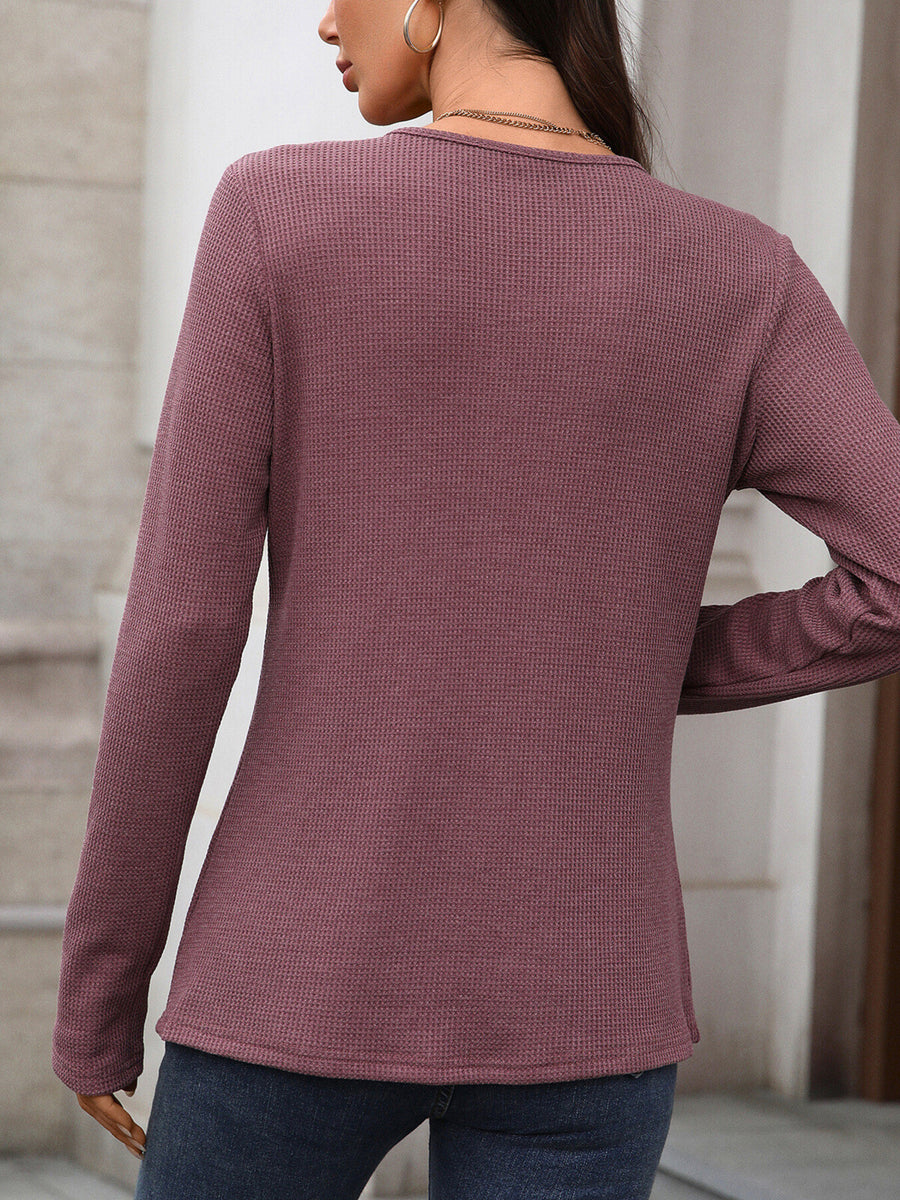 Waffle knit long sleeve t-shirt in apricot with a crew neck.