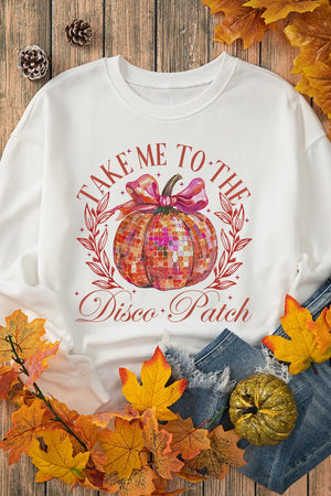 White roundneck sweatshirt with a disco ball pumpkin graphic and text.
