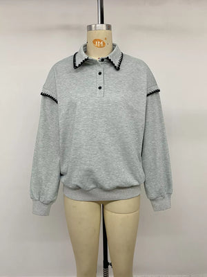 Polo Collar Dropped Shoulder Sweatshirt in light grey with buttoned