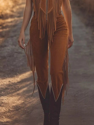 Light brown fringe zip front jumpsuit with western style boots