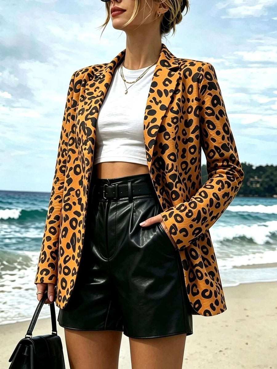 black blazer featuring lined and leopard-print