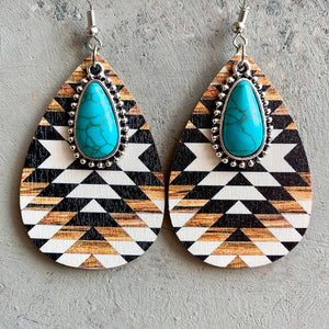 Southwestern print teardrop earrings with turquoise stone detail