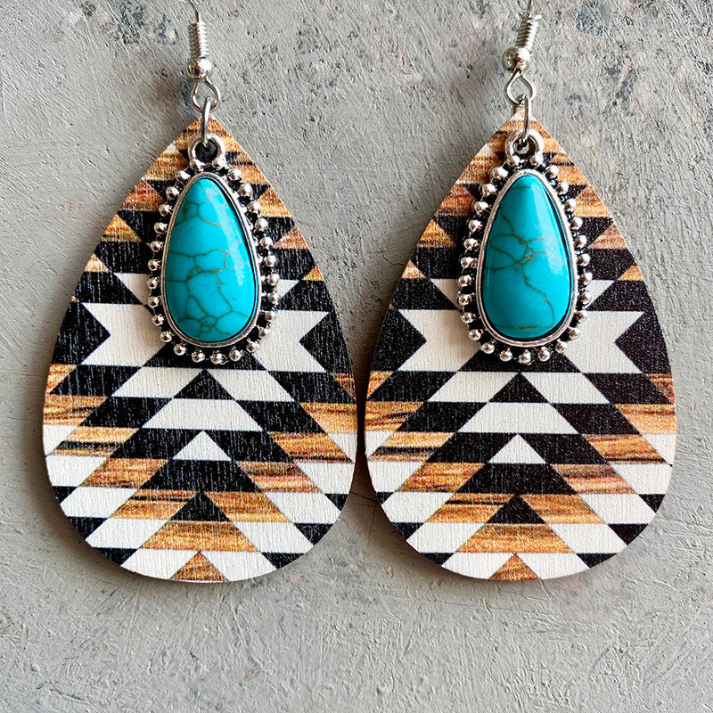 Southwestern print teardrop earrings with turquoise stone detail