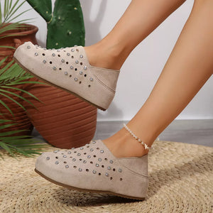 Rhinestone Round Toe Slip-ons in Black with rhinestone embellishment
