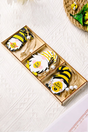 Whimsical bee gnome ornaments in yellow and black with "Bee Happy" text.